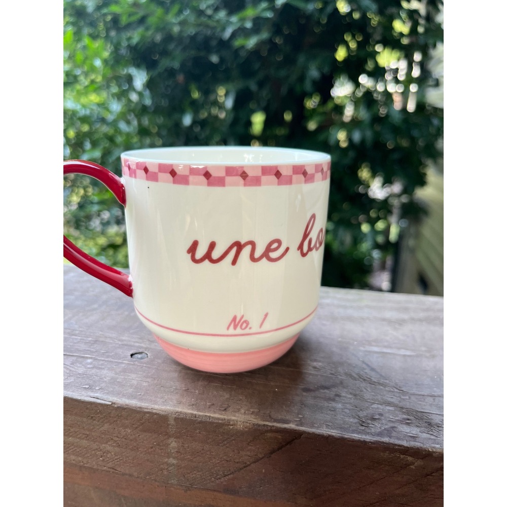 Anthropologie Une Bonne Journee No. 1 Coffee Mug Pink Red French Script Ceramic